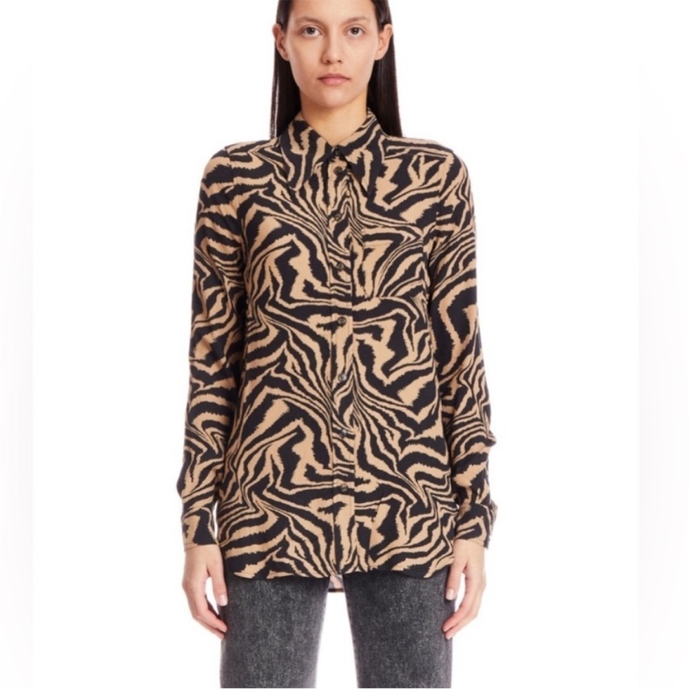 GANNI Zebra Print Button Down Crepe Shirt